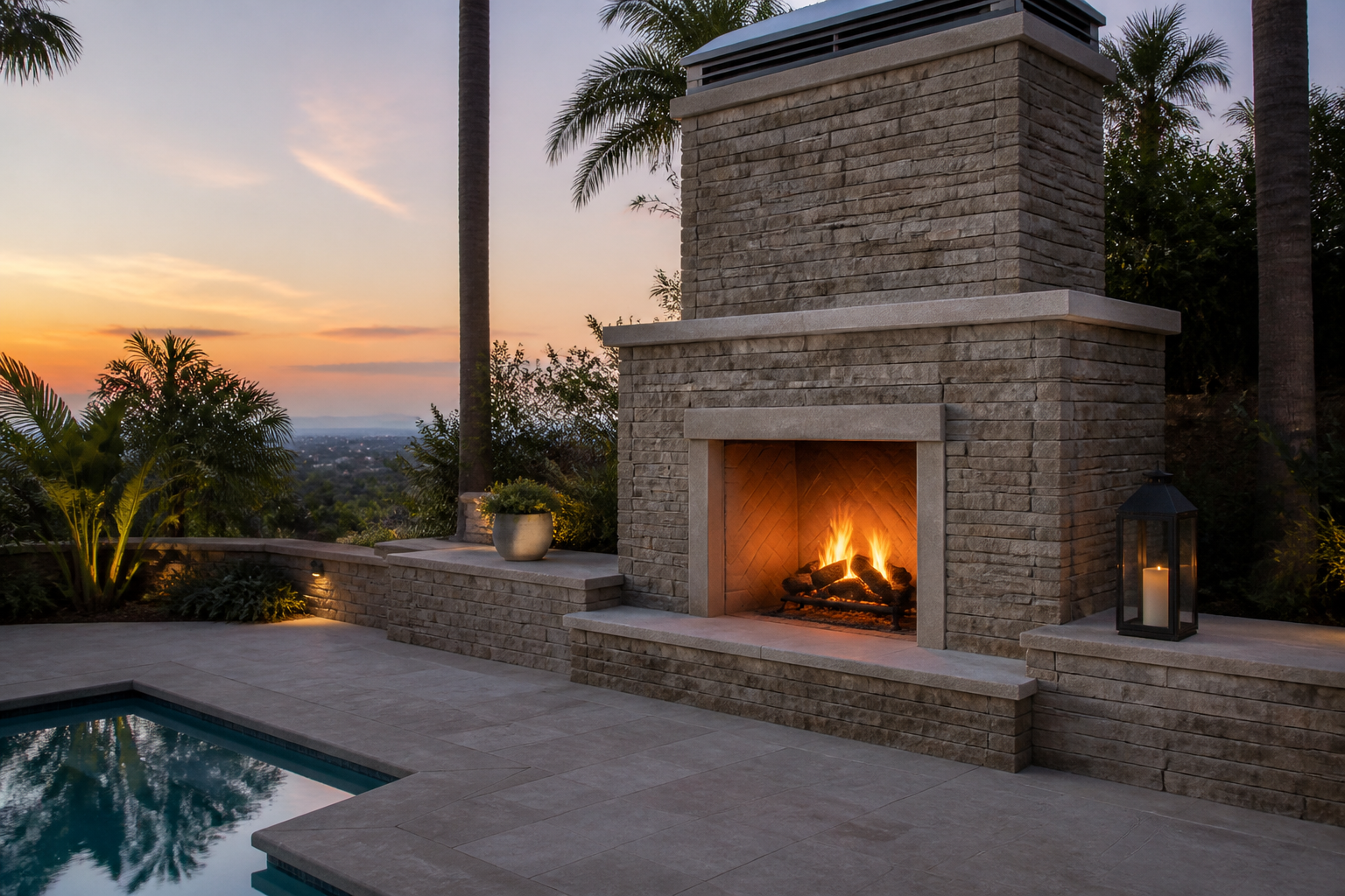 Outdoor masonry fireplace with stone surround near pool deck